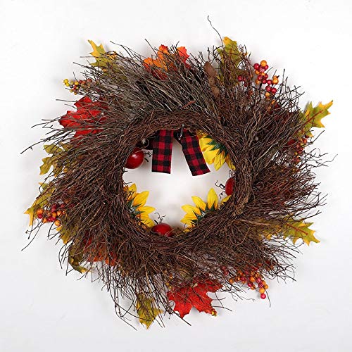 Artificial Maple Leaf Sunflower Wreath 40/60cm Flowers and Fruits Garland for Home Front Door Office Wall Wedding Decor (Size : 60cm)