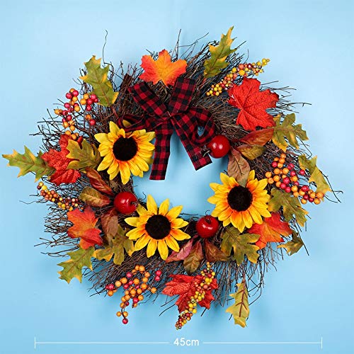 Artificial Maple Leaf Sunflower Wreath 40/60cm Flowers and Fruits Garland for Home Front Door Office Wall Wedding Decor (Size : 60cm)