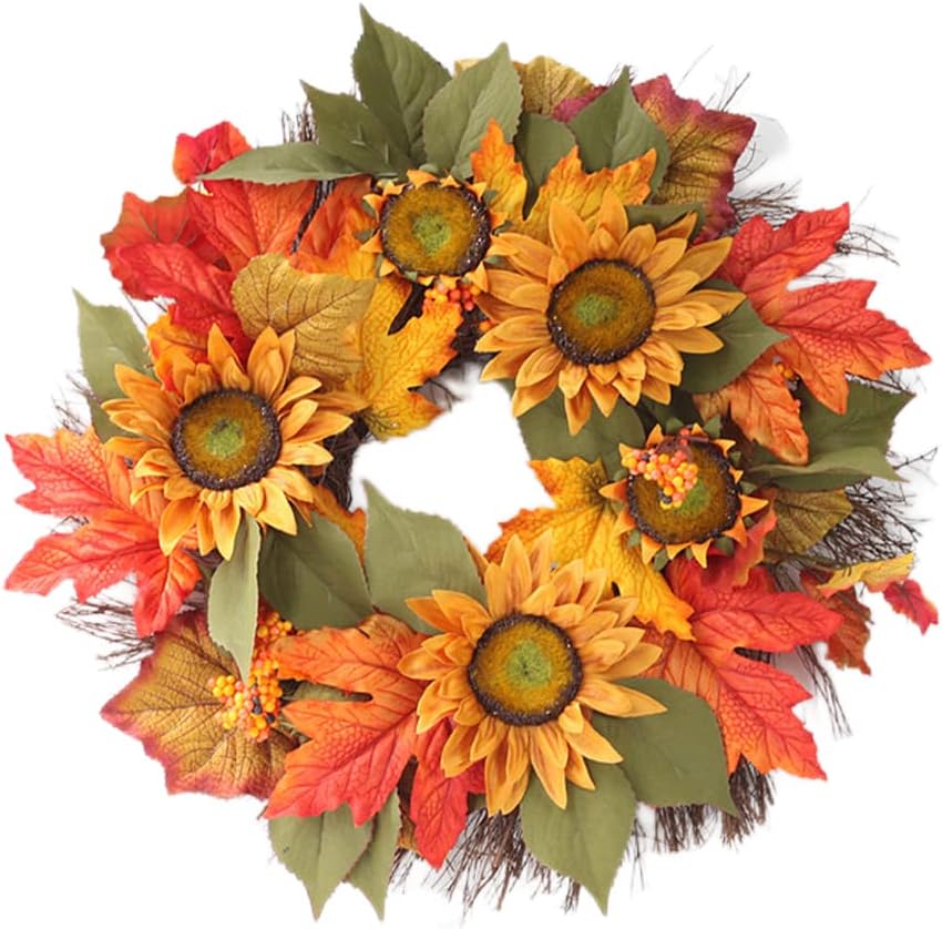 15.74 inch/40 cm Artificial Sunflower Wreath, Decorative Floral Wreath with Yellow Sunflower and Green Leaves for Front Door