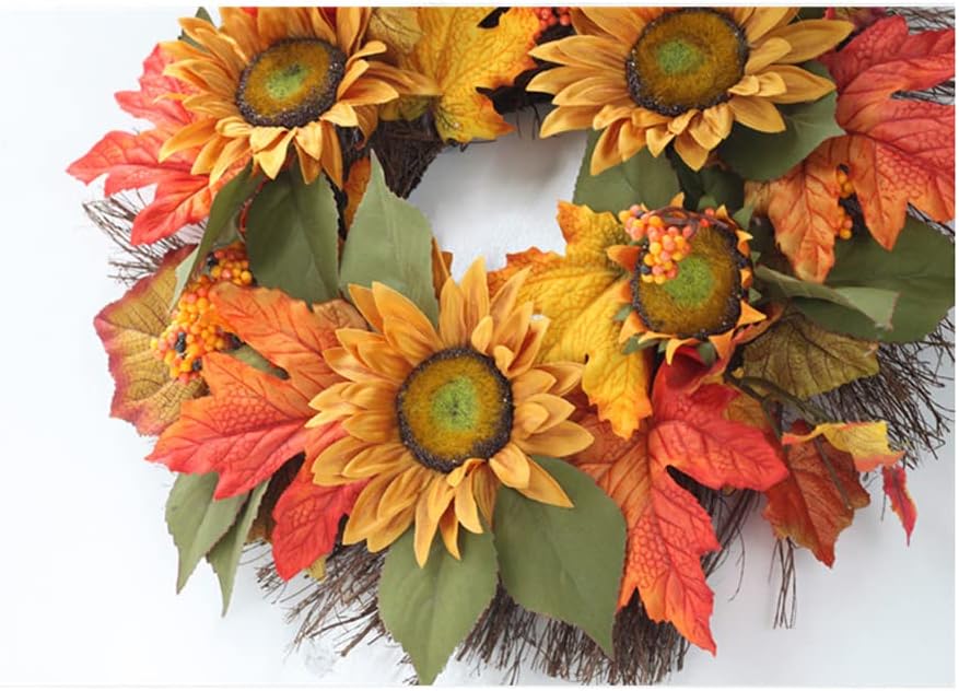 15.74 inch/40 cm Artificial Sunflower Wreath, Decorative Floral Wreath with Yellow Sunflower and Green Leaves for Front Door