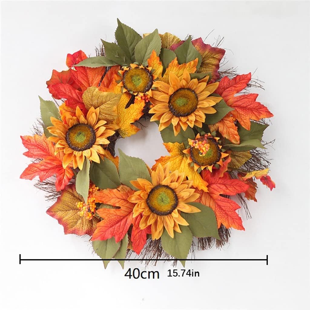 15.74 inch/40 cm Artificial Sunflower Wreath, Decorative Floral Wreath with Yellow Sunflower and Green Leaves for Front Door