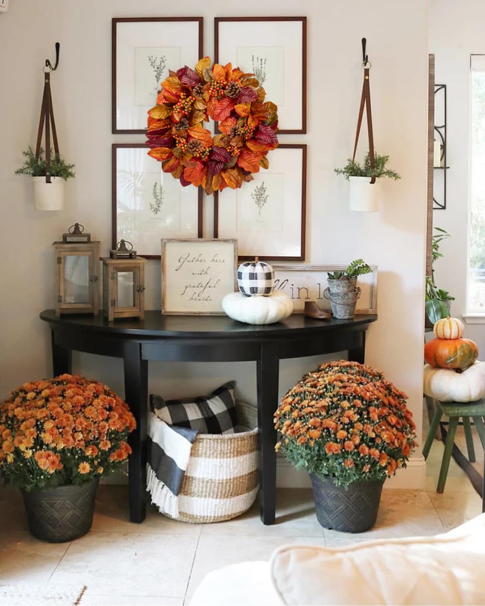 Briful Fall Wreaths for Front Door, 20inch Autumn Magnolia Leaves Wreath with Fruit Harvest Hanging Wreath for Outdoor Porch Home Kitchen Mantel Room Halloween Thanksgiving Decor