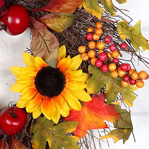 Artificial Maple Leaf Sunflower Wreath 40/60cm Flowers and Fruits Garland for Home Front Door Office Wall Wedding Decor (Size : 60cm)