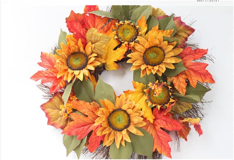 15.74 inch/40 cm Artificial Sunflower Wreath, Decorative Floral Wreath with Yellow Sunflower and Green Leaves for Front Door