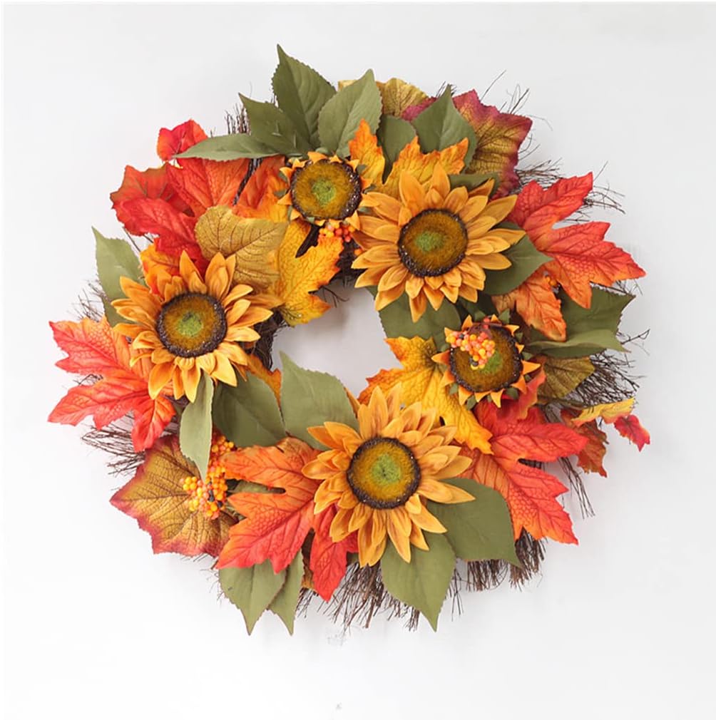 15.74 inch/40 cm Artificial Sunflower Wreath, Decorative Floral Wreath with Yellow Sunflower and Green Leaves for Front Door