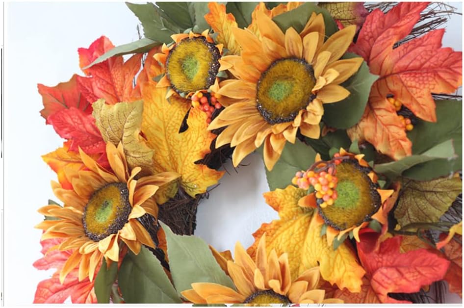 15.74 inch/40 cm Artificial Sunflower Wreath, Decorative Floral Wreath with Yellow Sunflower and Green Leaves for Front Door