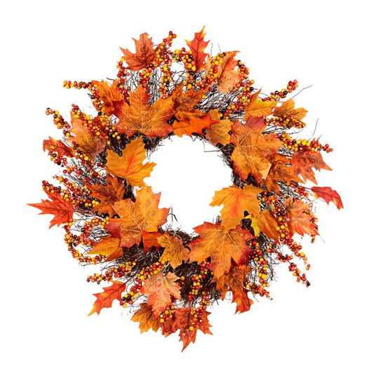 Thanksgiving Fall Wreath Fall Maple Leaf Wreath for Front Door Artificial Berries Maple Leaf Garland Halloween Home Party Decorations 17.7inches