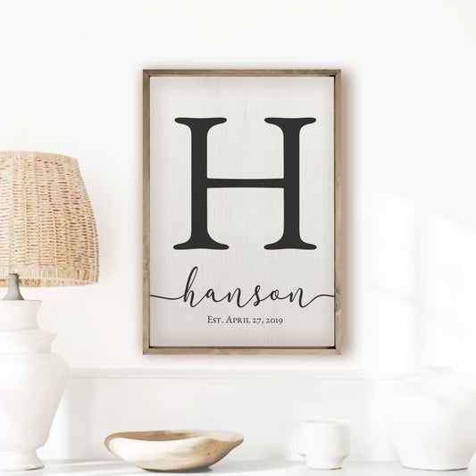 Framed Wooden Family Name Sign Personalized Wood Monogram Choose from Four Sizes (12" x 18", Weathered Grey Frame, White Background)