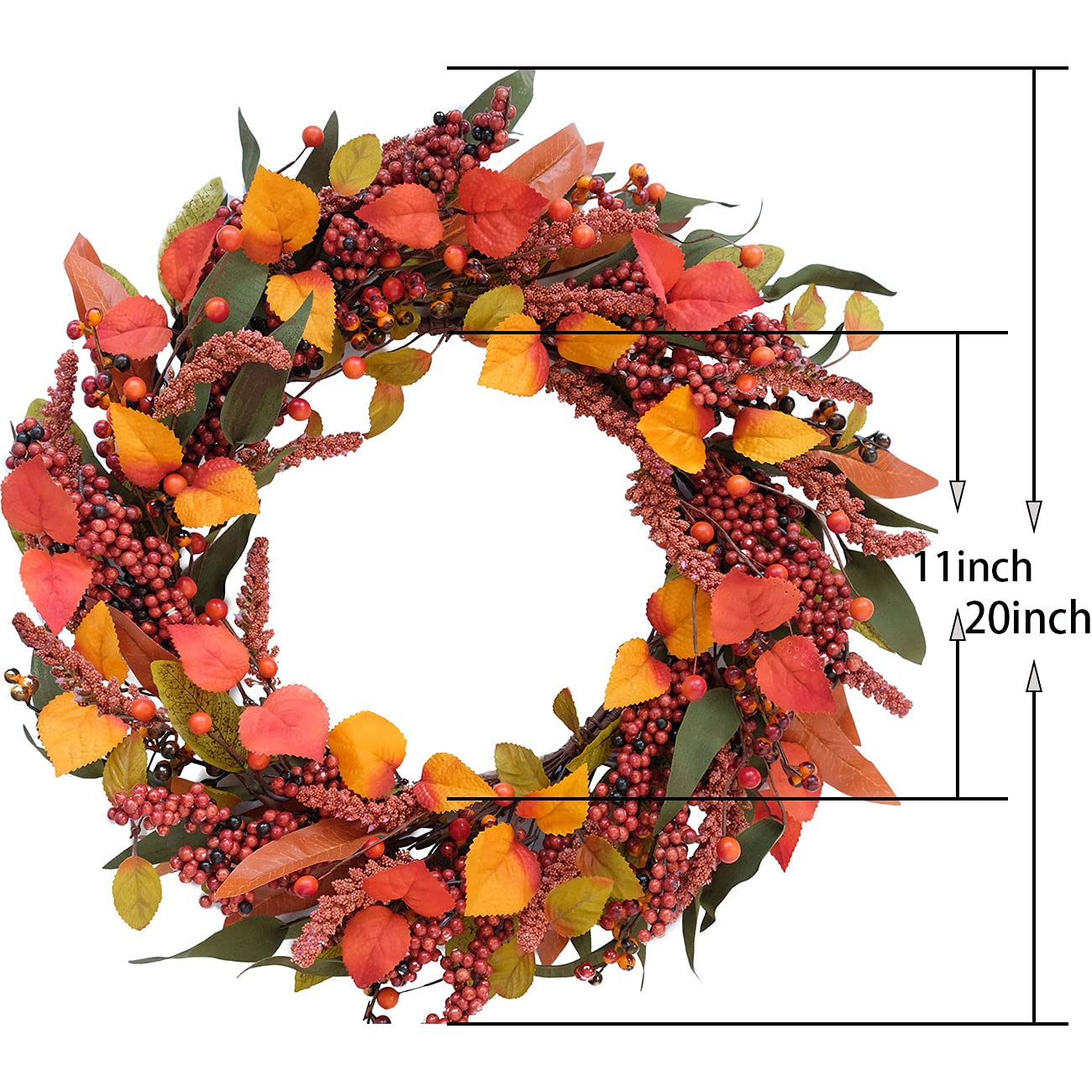 Bibelot Fall Wreath Artificial Berry Wreath Green Leaves for Front Door Autumn Wreaths Farmhouse Home Office Wedding Party Wall Decor … (Berry Wreath)