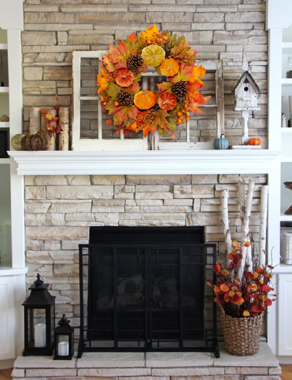 Briful Fall Wreaths for Front Door, 20inch Autumn Magnolia Leaves Wreath with Fruit Harvest Hanging Wreath for Outdoor Porch Home Kitchen Mantel Room Halloween Thanksgiving Decor