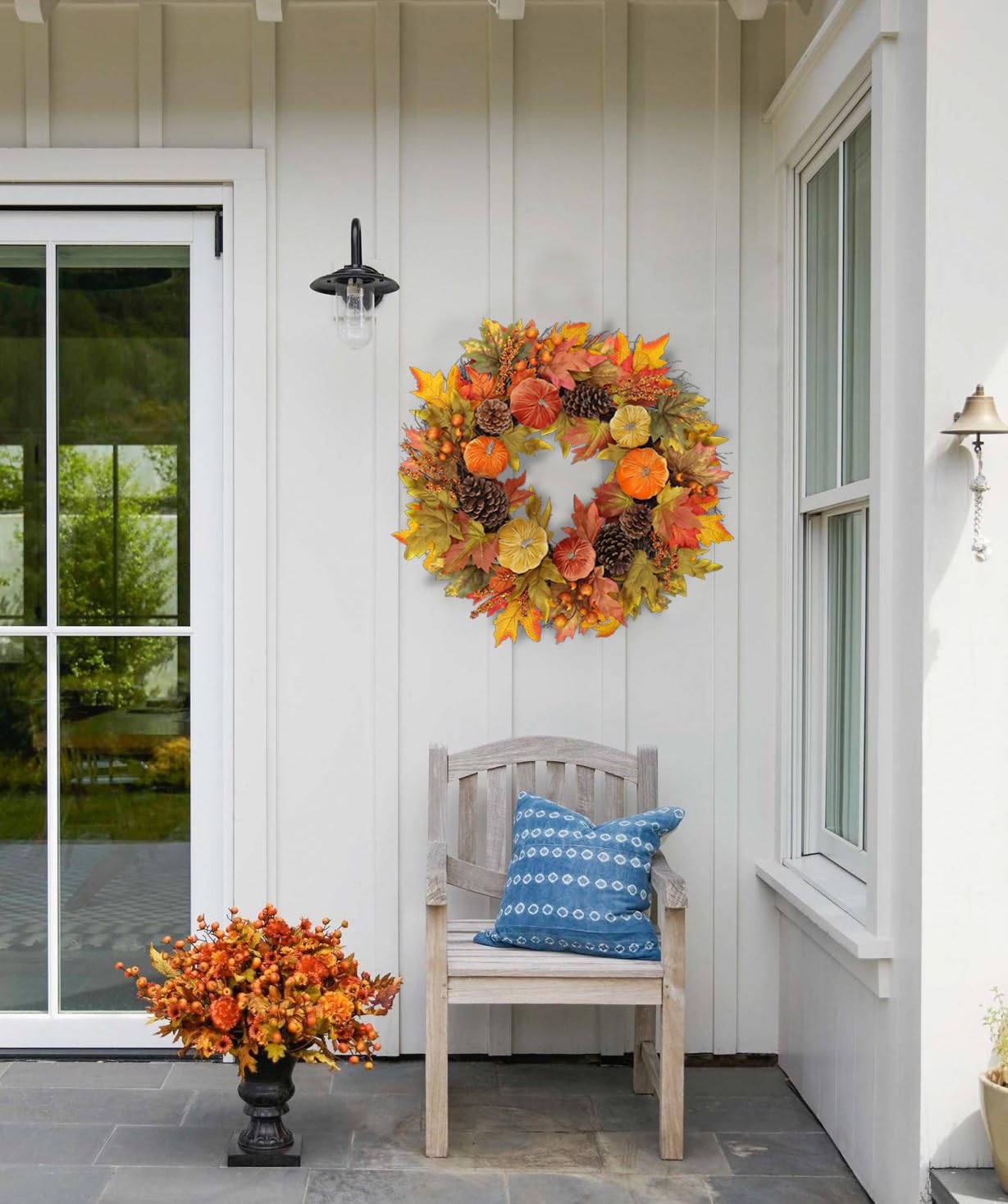 Briful Fall Wreaths for Front Door, 20inch Autumn Magnolia Leaves Wreath with Fruit Harvest Hanging Wreath for Outdoor Porch Home Kitchen Mantel Room Halloween Thanksgiving Decor