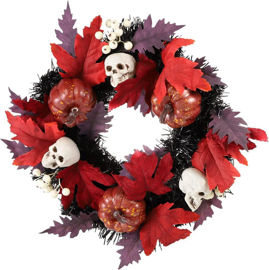 Halloween Pumpkins Maple Leaves Wreath Skull Berries Garland Decor for Halloween Thanksgiving Autumns Decoration