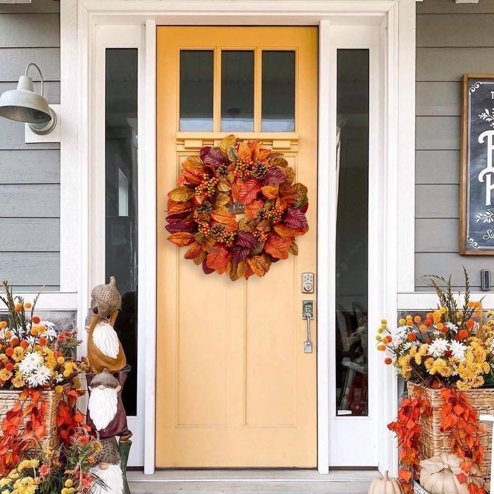 Briful Fall Wreaths for Front Door, 20inch Autumn Magnolia Leaves Wreath with Fruit Harvest Hanging Wreath for Outdoor Porch Home Kitchen Mantel Room Halloween Thanksgiving Decor