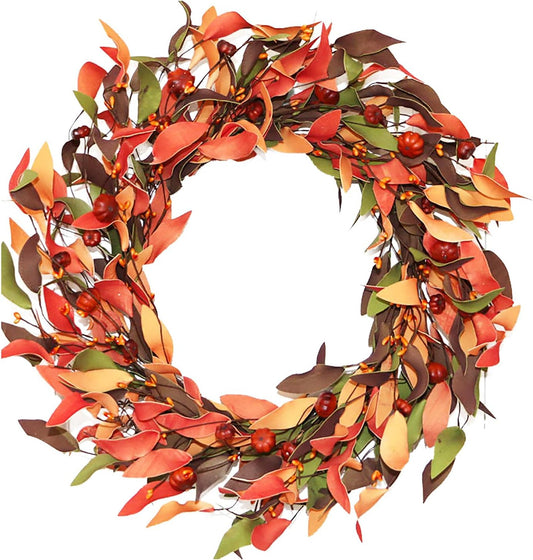 17.8 inch Artificial Fall Wreath, Mini Pumpkin Leaves Berries Wreath Harvest Wreath, Fall Leaf Pumpkin Wreath for Front Door Home Decor Thanksgiving Harvest Festival Party Decor