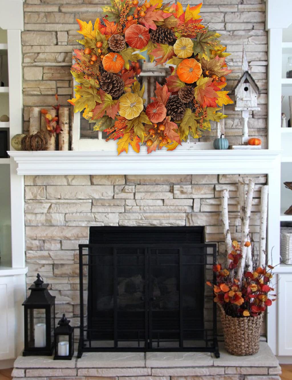 Briful Fall Wreaths for Front Door, 20inch Autumn Magnolia Leaves Wreath with Fruit Harvest Hanging Wreath for Outdoor Porch Home Kitchen Mantel Room Halloween Thanksgiving Decor