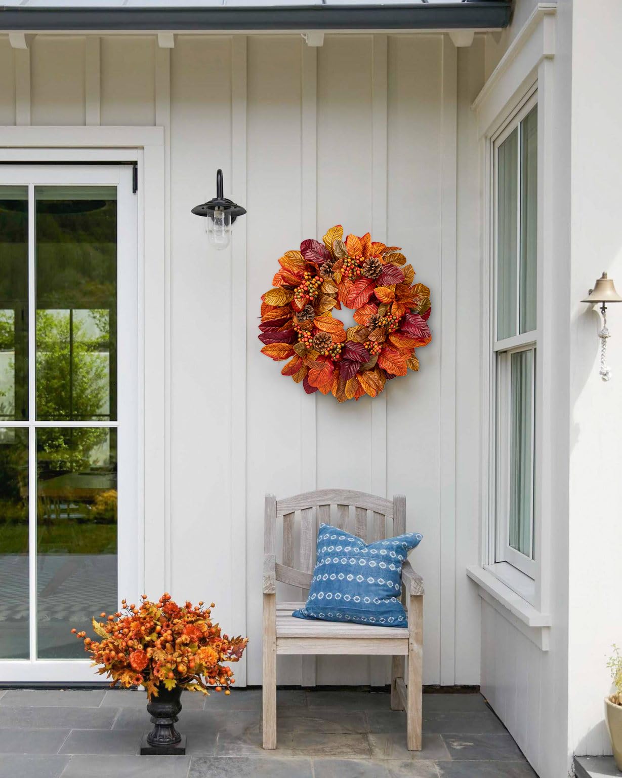 Briful Fall Wreaths for Front Door, 20inch Autumn Magnolia Leaves Wreath with Fruit Harvest Hanging Wreath for Outdoor Porch Home Kitchen Mantel Room Halloween Thanksgiving Decor