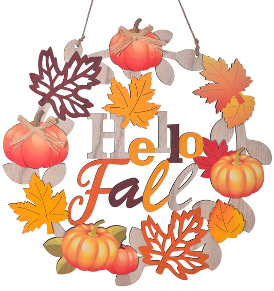 Hello Fall Wreaths for Front Door, Wooden Welcome Sign for Fall Decor, Maple Leaf Fall Door Sign Ornament, Wood Farmhouse Pumpkin Door Decor, Rustic Fall Door Hanger for Porch Home (Fall)