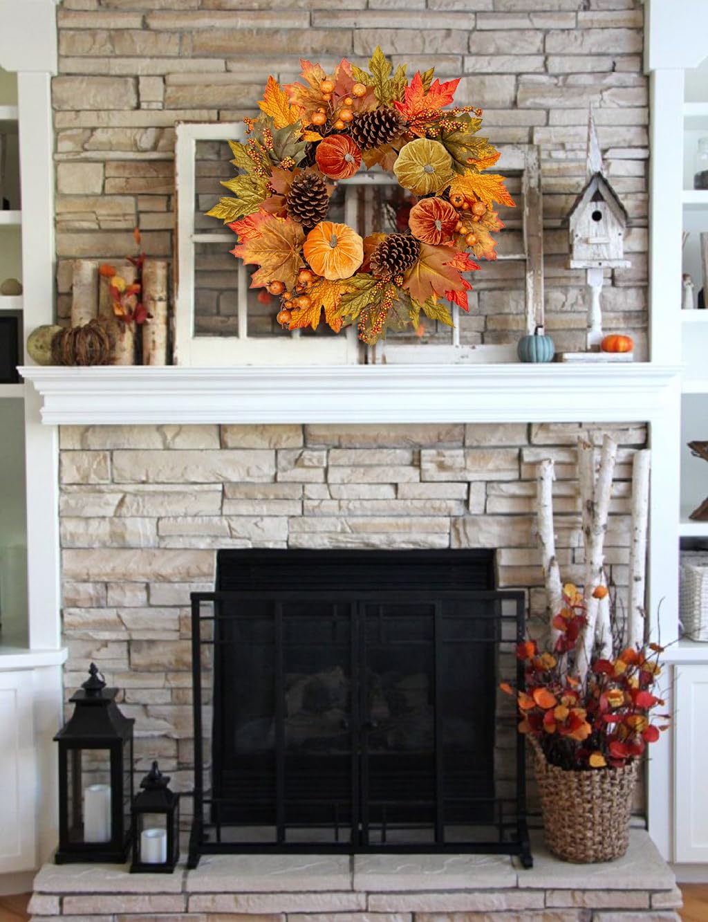 Briful Fall Wreaths for Front Door, 20inch Autumn Magnolia Leaves Wreath with Fruit Harvest Hanging Wreath for Outdoor Porch Home Kitchen Mantel Room Halloween Thanksgiving Decor