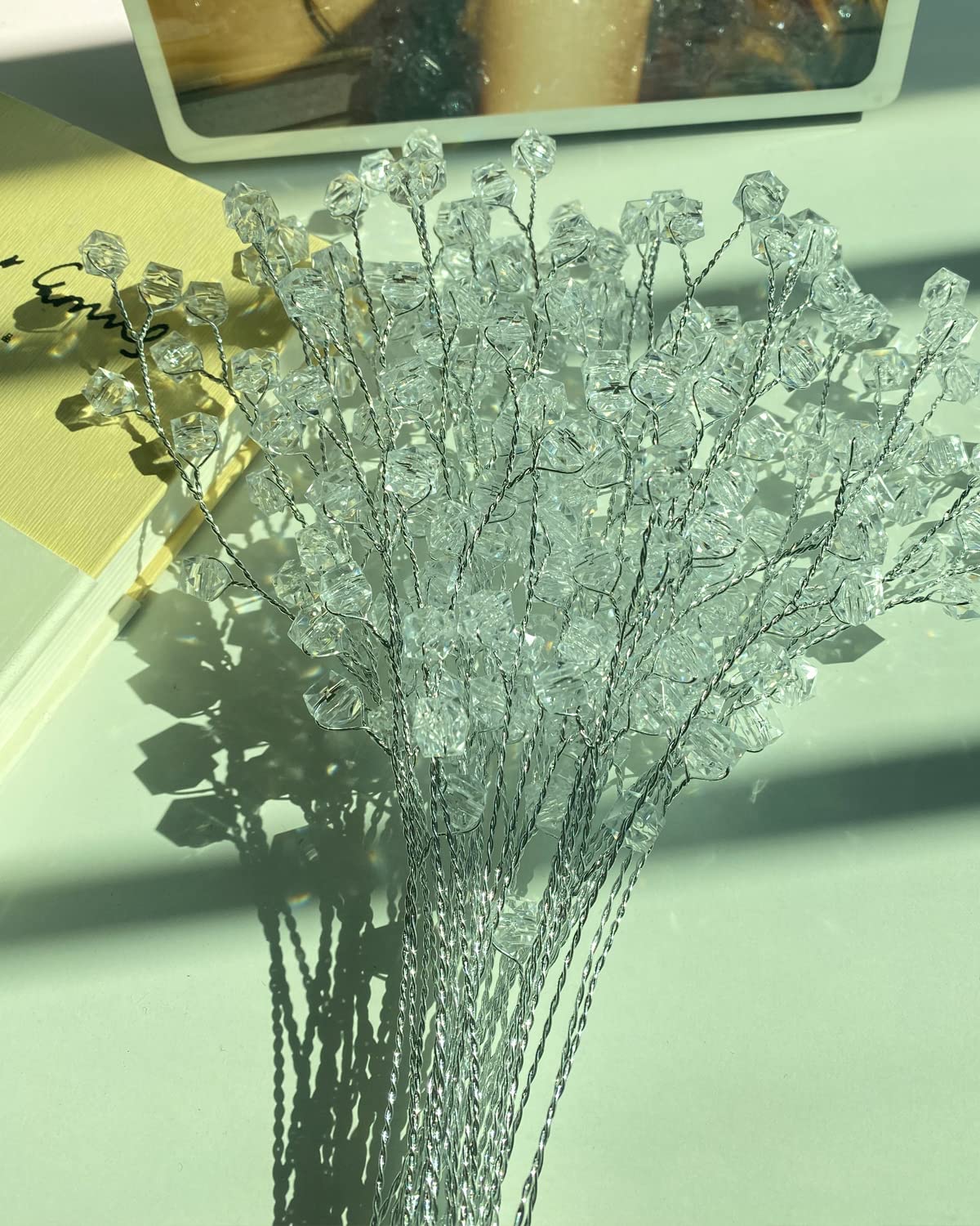 32 Stems Handmade Acrylic Crystal Flower Branches Artifial Bead Flowers Picks Fake Silver Berry Bouquet DIY Crafts Floral Arrangement for Wedding Home Office Table Top Decor (32PCS, B)