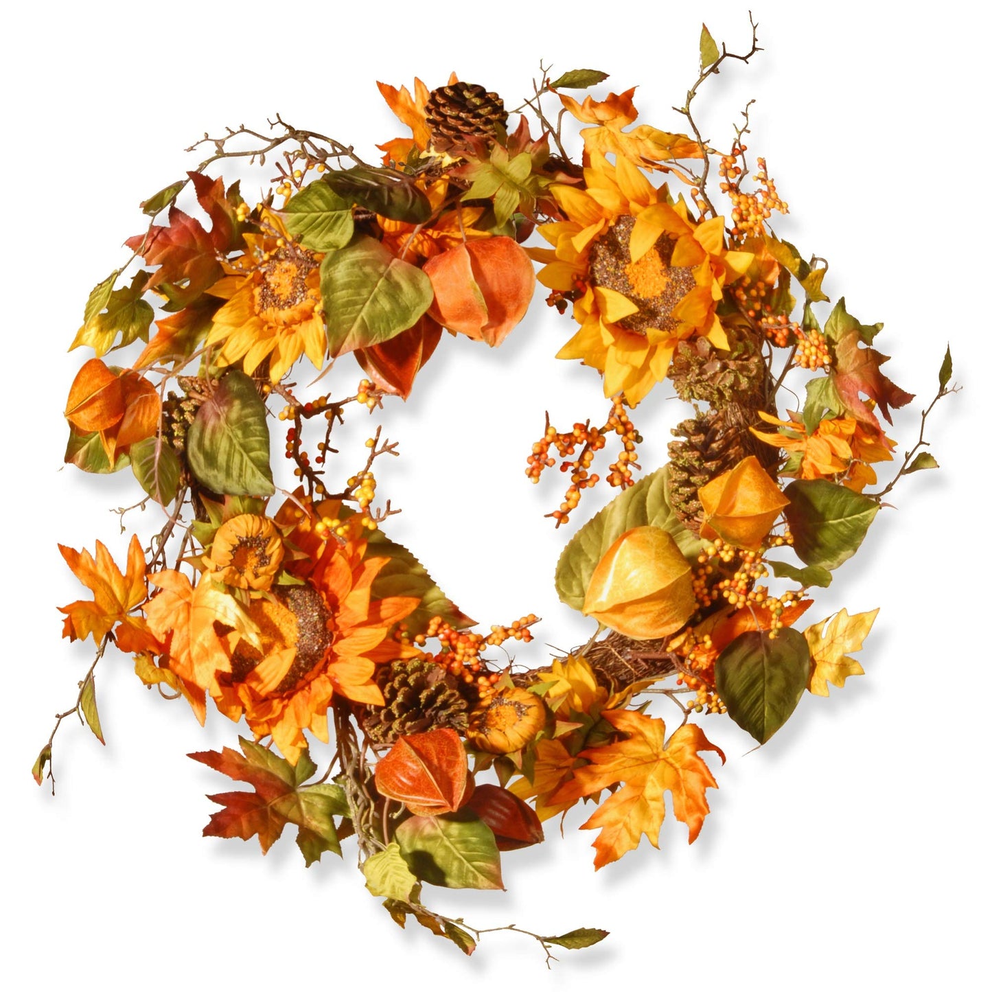 National Tree Company Artificial Autumn Wreath, Decorated with Sunflowers, Pinecones, Berry Clusters, Maple Leaves, Autumn Collection, 25 in