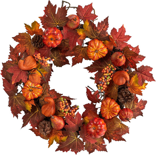 Nearly Natural 24in. Autumn Maple Leaves, Pumpkin, Pinecone and Berries Artificial Fall Wreath