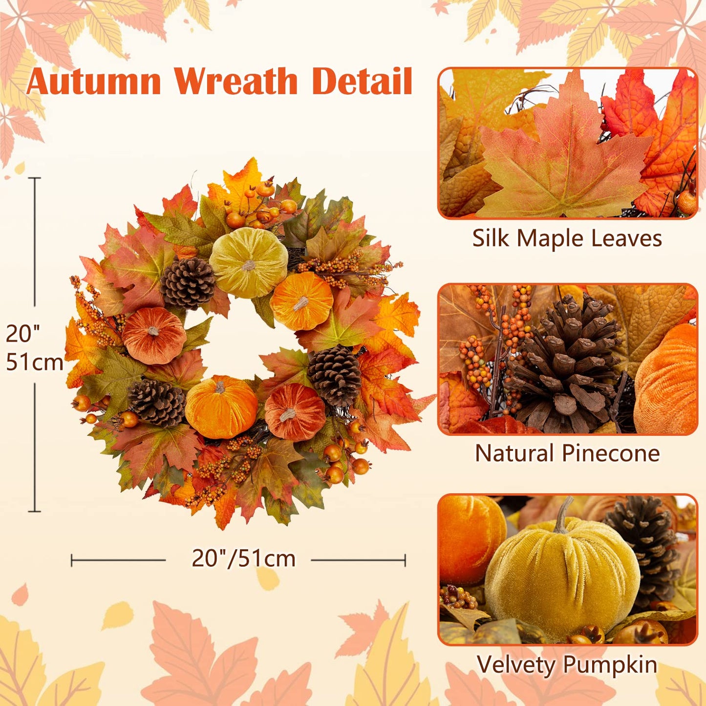 Briful Fall Wreaths for Front Door, 20inch Autumn Magnolia Leaves Wreath with Fruit Harvest Hanging Wreath for Outdoor Porch Home Kitchen Mantel Room Halloween Thanksgiving Decor