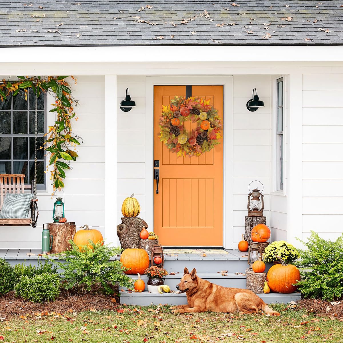 Briful Fall Wreaths for Front Door, 20inch Autumn Magnolia Leaves Wreath with Fruit Harvest Hanging Wreath for Outdoor Porch Home Kitchen Mantel Room Halloween Thanksgiving Decor