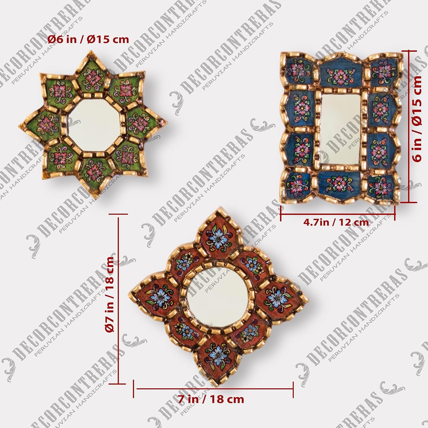 Small Decorative Wall Mirror set of 3 - Accent mirrors of 6in for wall decor, Peruvian Mirrors Vanity with bronze leaf