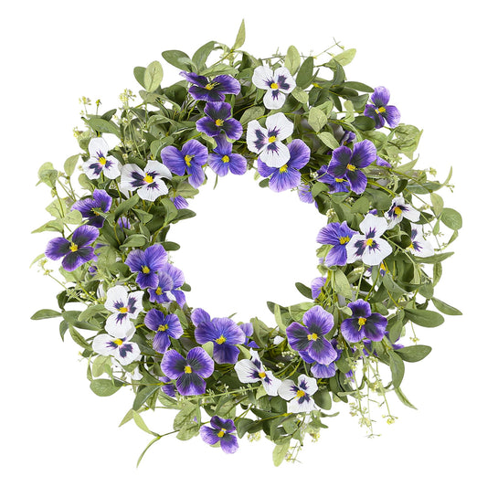 YNYLCHMX 18" Summer Wreaths for Front Door Spring Eucalyptus Wreath Door Wreaths for Spring Summer Floral Wreath with Purle Pansy for Outside Wall Window Farmhouse Indoor Outdoor Party Holiday Home