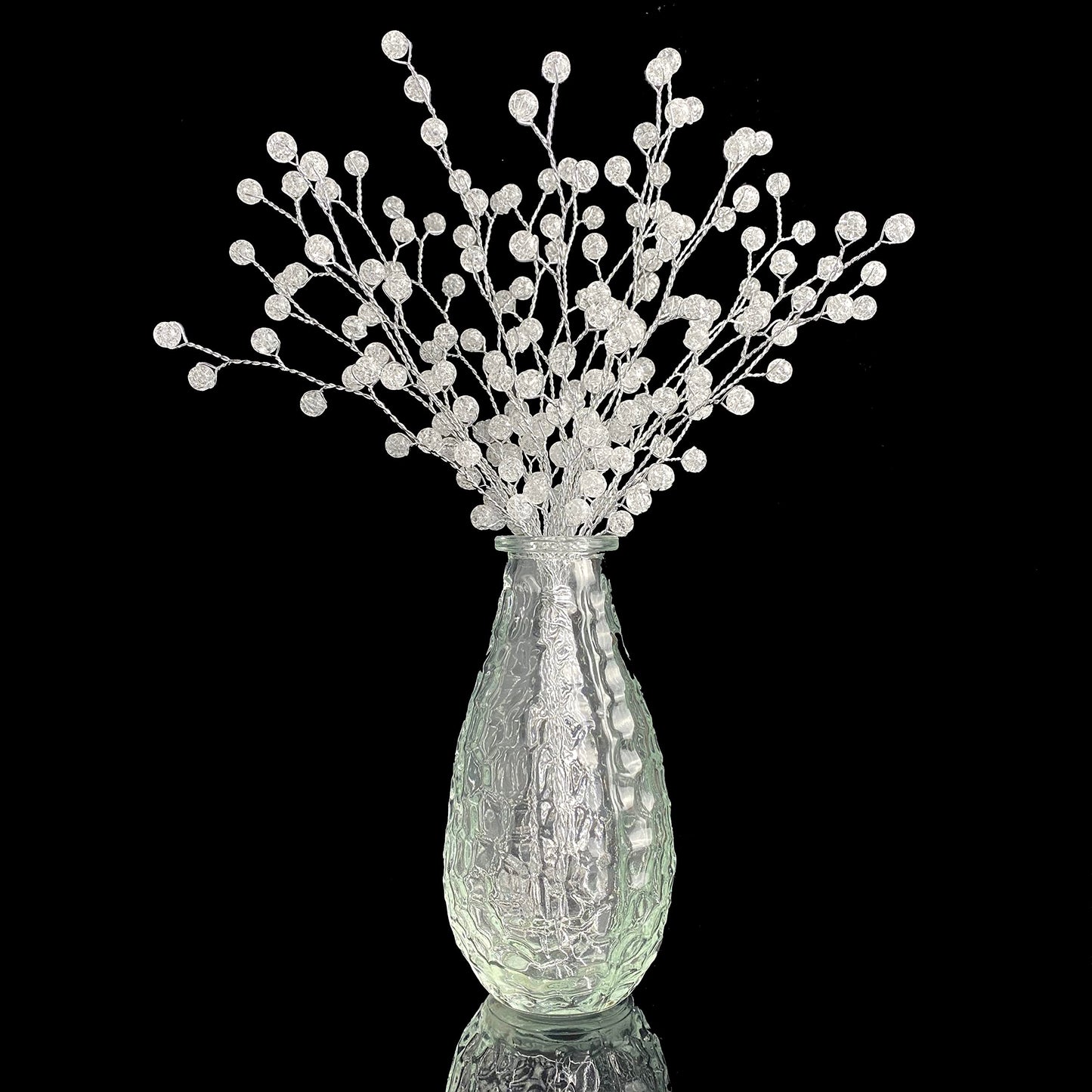 32 Stems Handmade Acrylic Crystal Flower Branches Artifial Bead Flowers Picks Fake Silver Berry Bouquet DIY Crafts Floral Arrangement for Wedding Home Office Table Top Decor (32PCS, B)