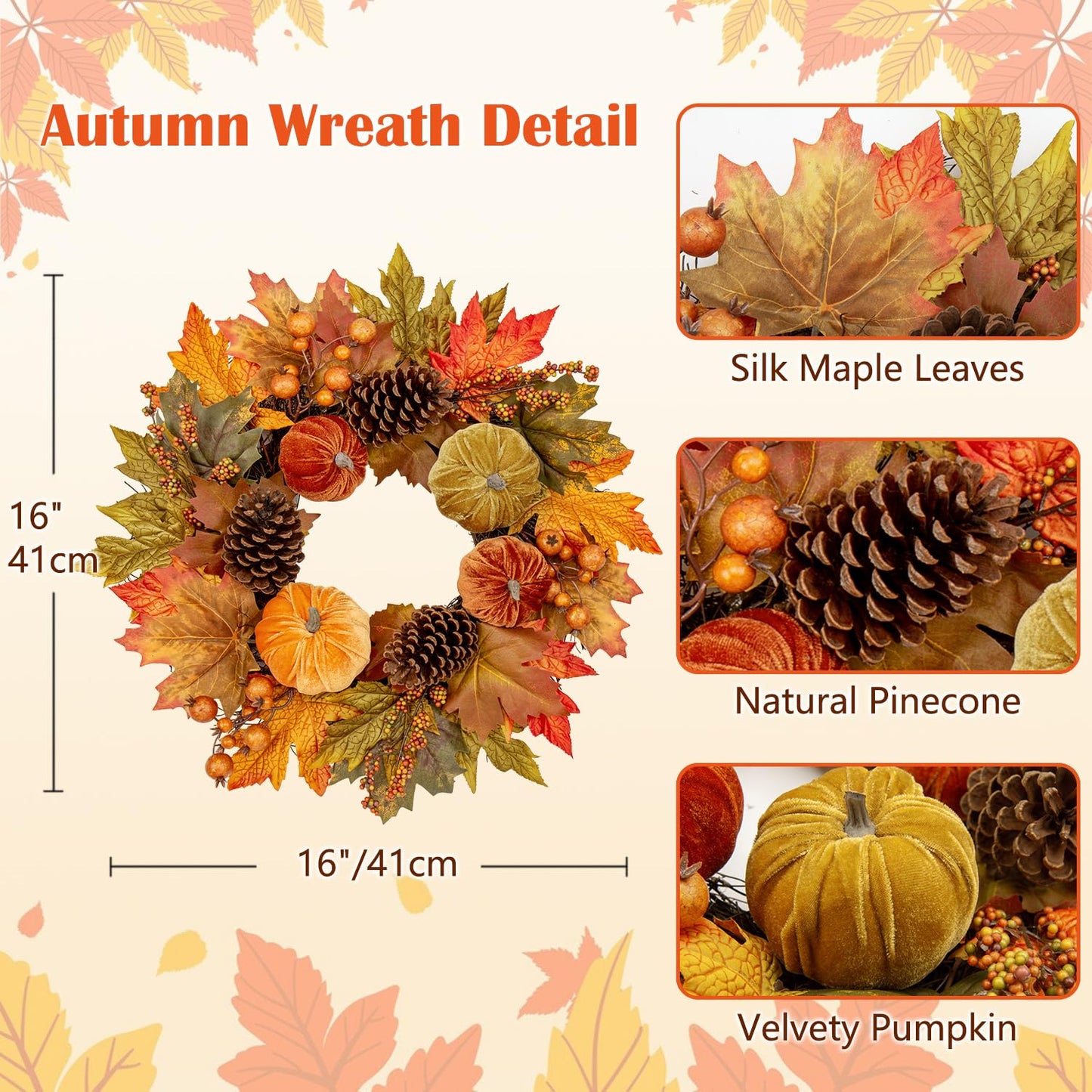 Briful Fall Wreaths for Front Door, 20inch Autumn Magnolia Leaves Wreath with Fruit Harvest Hanging Wreath for Outdoor Porch Home Kitchen Mantel Room Halloween Thanksgiving Decor