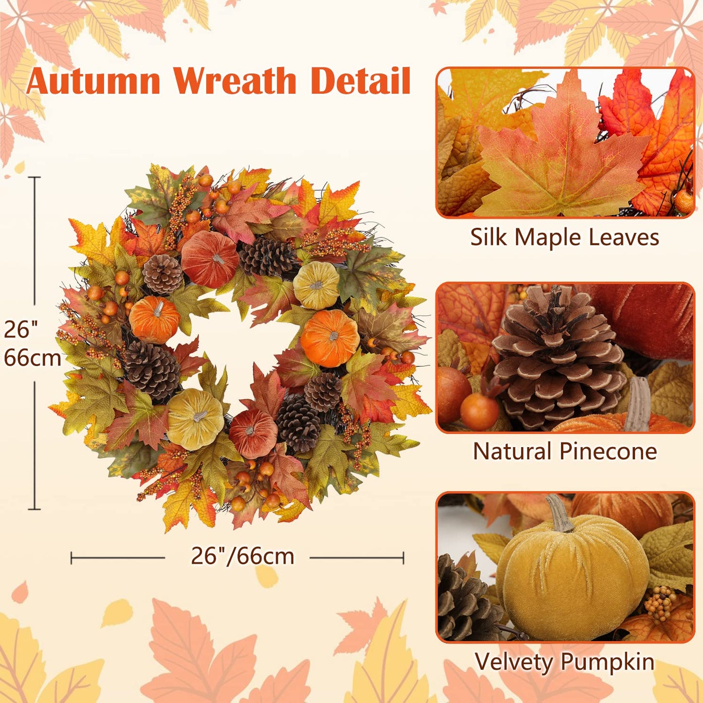 Briful Fall Wreaths for Front Door, 20inch Autumn Magnolia Leaves Wreath with Fruit Harvest Hanging Wreath for Outdoor Porch Home Kitchen Mantel Room Halloween Thanksgiving Decor