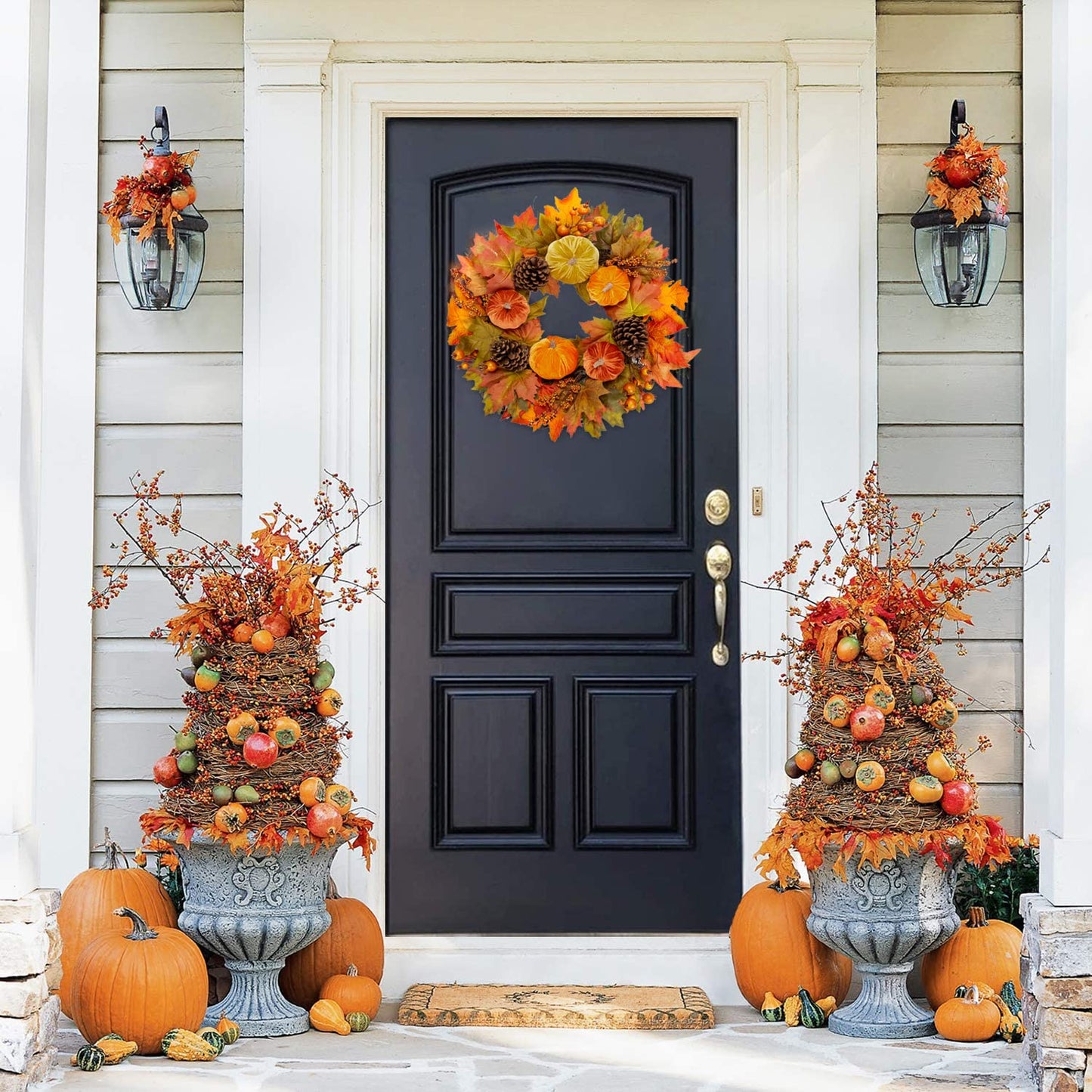 Briful Fall Wreaths for Front Door, 20inch Autumn Magnolia Leaves Wreath with Fruit Harvest Hanging Wreath for Outdoor Porch Home Kitchen Mantel Room Halloween Thanksgiving Decor