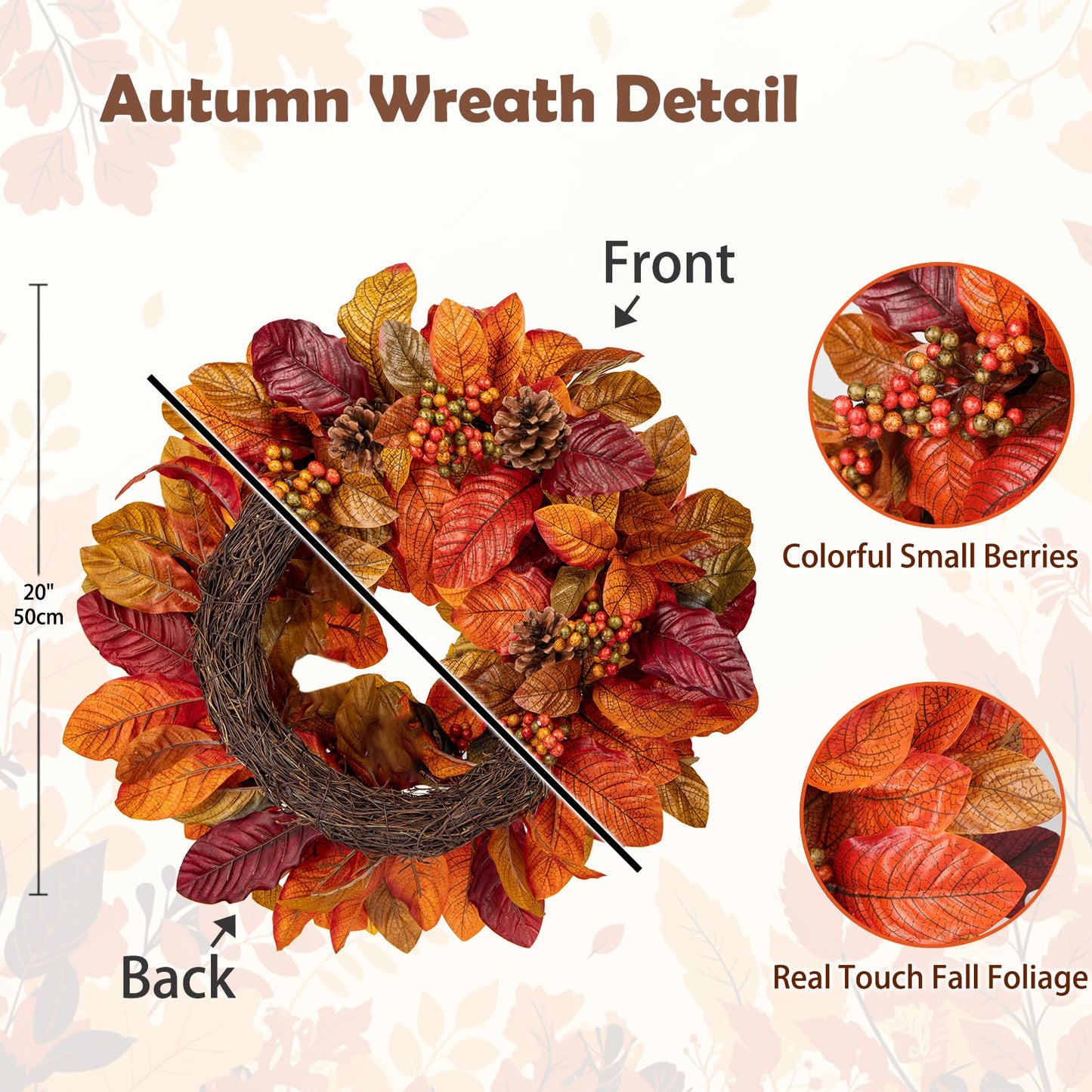 Briful Fall Wreaths for Front Door, 20inch Autumn Magnolia Leaves Wreath with Fruit Harvest Hanging Wreath for Outdoor Porch Home Kitchen Mantel Room Halloween Thanksgiving Decor