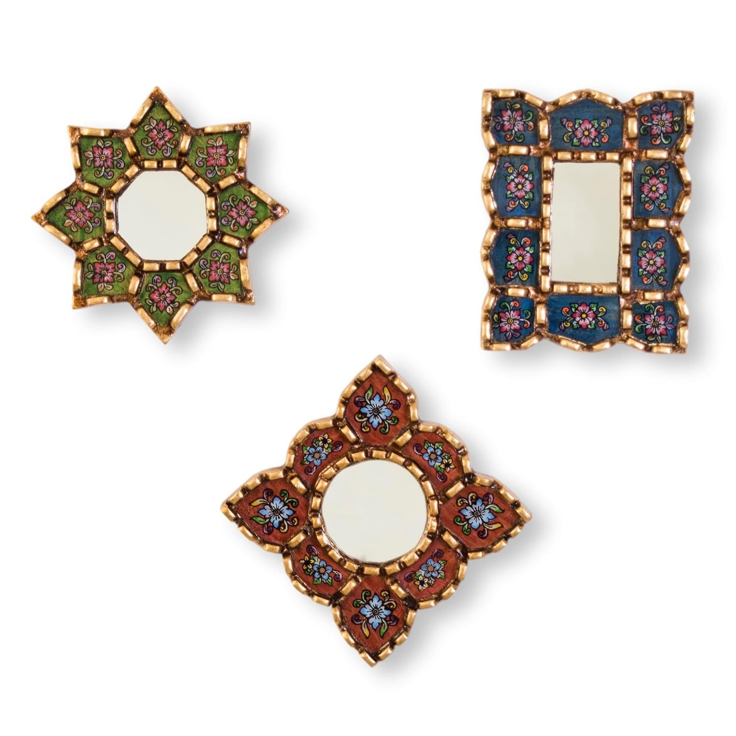 Small Decorative Wall Mirror set of 3 - Accent mirrors of 6in for wall decor, Peruvian Mirrors Vanity with bronze leaf