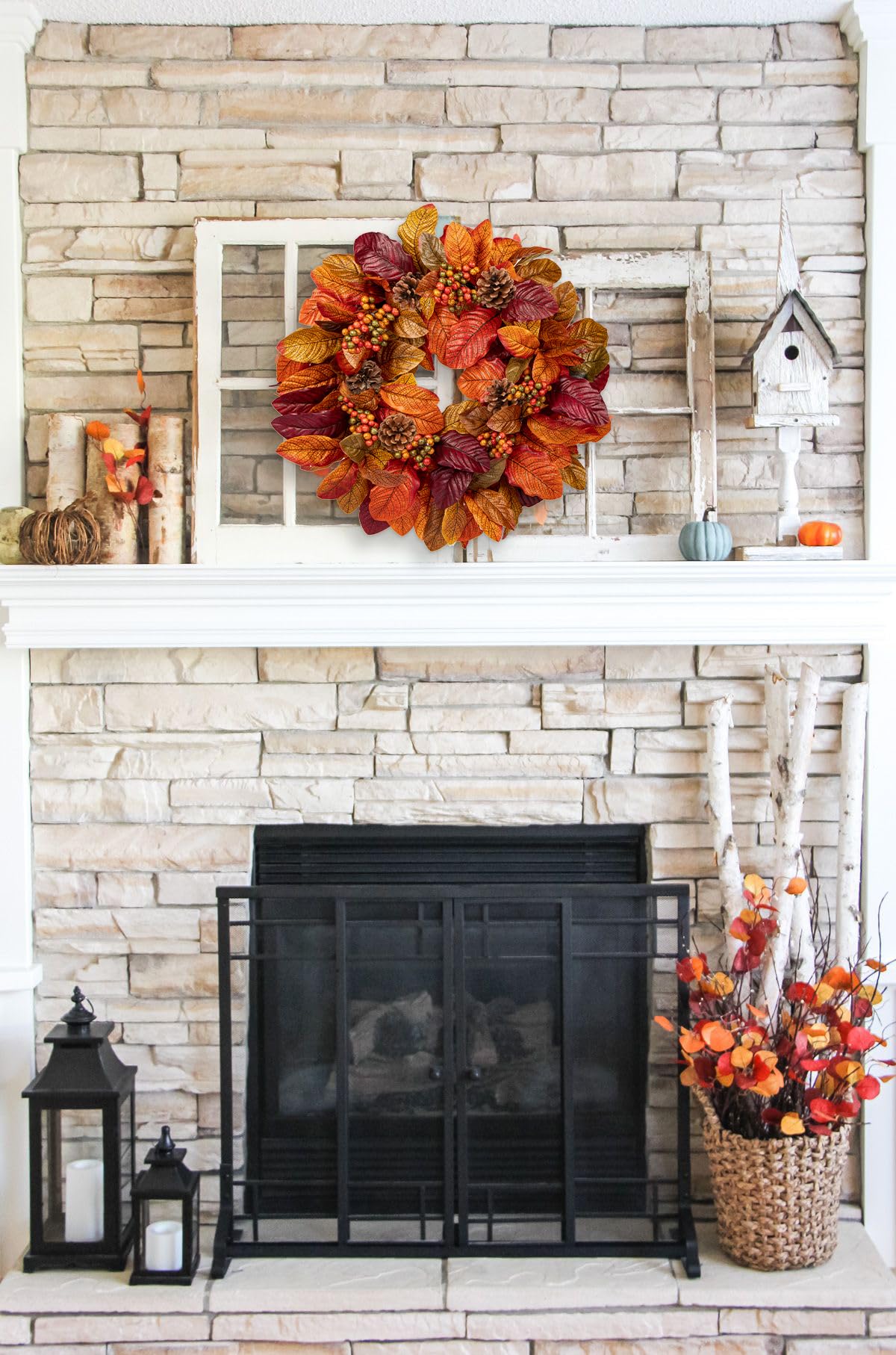 Briful Fall Wreaths for Front Door, 20inch Autumn Magnolia Leaves Wreath with Fruit Harvest Hanging Wreath for Outdoor Porch Home Kitchen Mantel Room Halloween Thanksgiving Decor