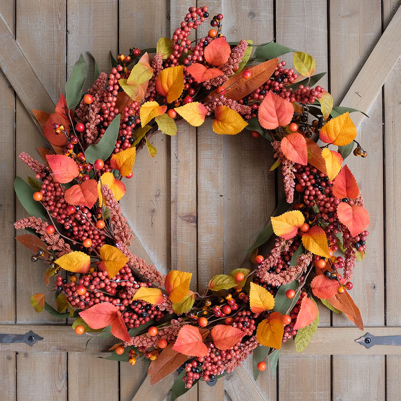 Bibelot Fall Wreath Artificial Berry Wreath Green Leaves for Front Door Autumn Wreaths Farmhouse Home Office Wedding Party Wall Decor … (Berry Wreath)