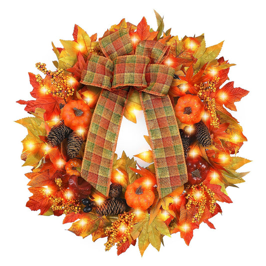 Heflashor Fall Door Wreaths with Lights, 24 inch Large Farmhouse Pumpkin Wreath with Bow for Autumn Wreaths for Front Door Outside Table Centerpiece Thanksgiving Harvest Decor