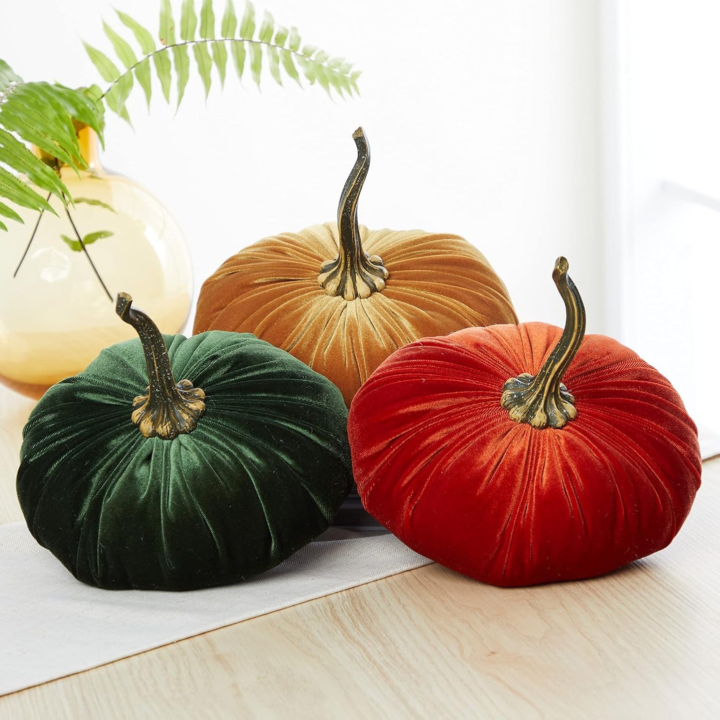 Set of 3 Velvet 9 Inch Pumpkins, Holiday Mantle Decor, Fall Halloween Thanksgiving Centerpiece, Rustic Fall Wedding Centerpiece (Rust, Gold, Olive)