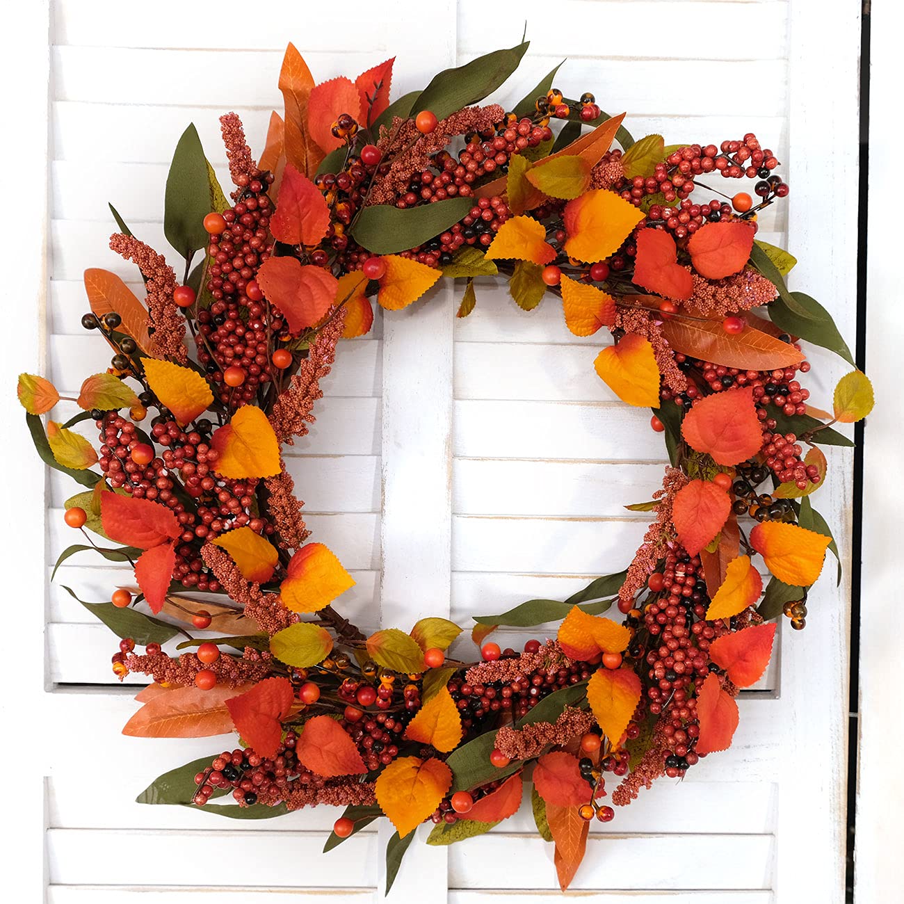 Bibelot Fall Wreath Artificial Berry Wreath Green Leaves for Front Door Autumn Wreaths Farmhouse Home Office Wedding Party Wall Decor … (Berry Wreath)