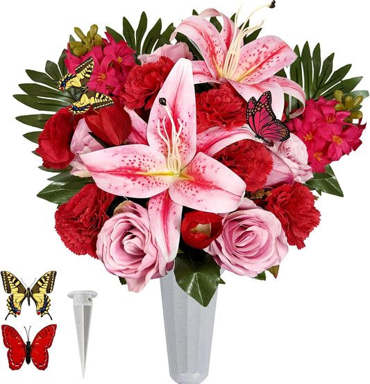 Handmade Cemetery Flowers with Vase for Grave Decor, Artificial Headstone Flower, Bright and Colorfast,Pink Rose Lily/Red Carnation