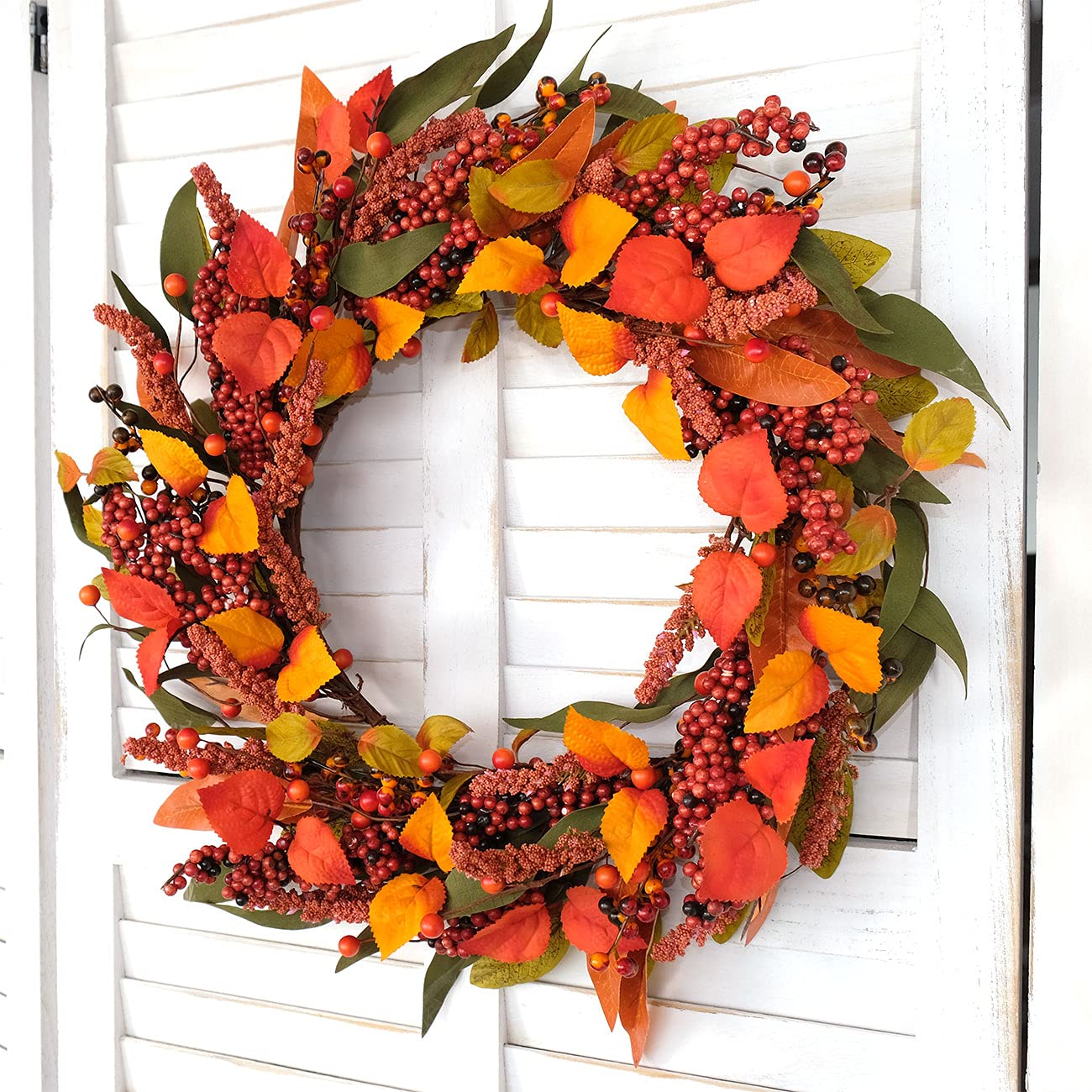 Bibelot Fall Wreath Artificial Berry Wreath Green Leaves for Front Door Autumn Wreaths Farmhouse Home Office Wedding Party Wall Decor … (Berry Wreath)