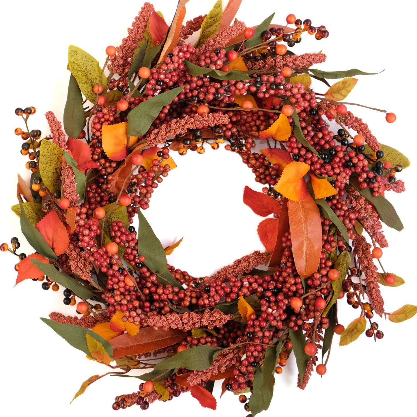 Bibelot Fall Wreath Artificial Berry Wreath Green Leaves for Front Door Autumn Wreaths Farmhouse Home Office Wedding Party Wall Decor … (Berry Wreath)