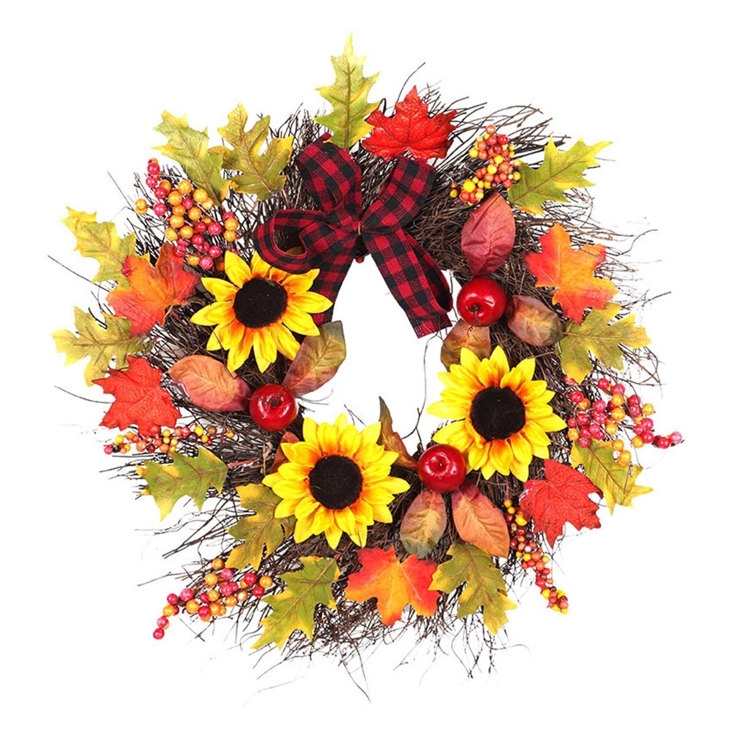 Artificial Maple Leaf Sunflower Wreath 40/60cm Flowers and Fruits Garland for Home Front Door Office Wall Wedding Decor (Size : 60cm)